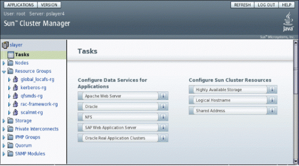 Sun Cluster Manager Task Page